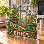 Artwork visualization: Pixel greenhouse — home office desk refresh, personalized EMMA, subject-shaped acrylic with printed optical 3D depth; not carved relief.