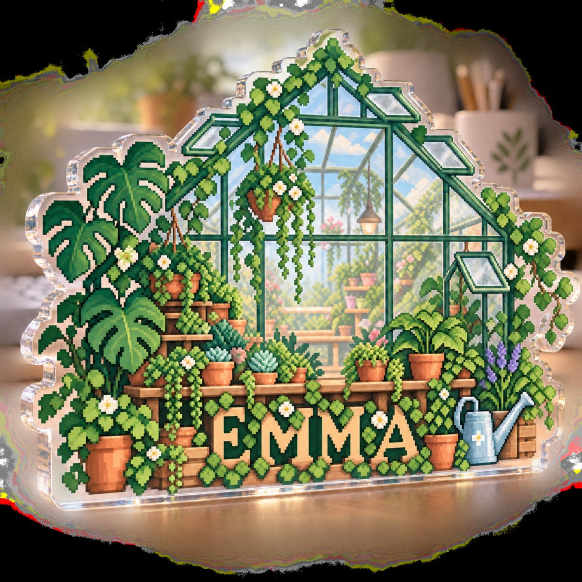Personalized Pixel Greenhouse Workstation custom shape acrylic plaque with an example name set into the artwork, digital preview