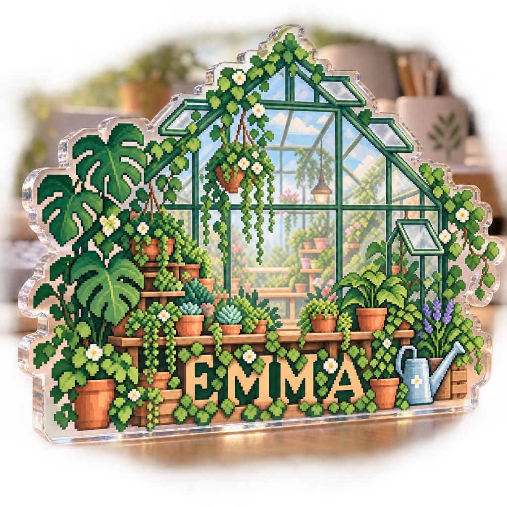 Artwork visualization: Pixel greenhouse — personalized workstation, personalized EMMA, subject-shaped acrylic with printed optical 3D depth; not carved relief.