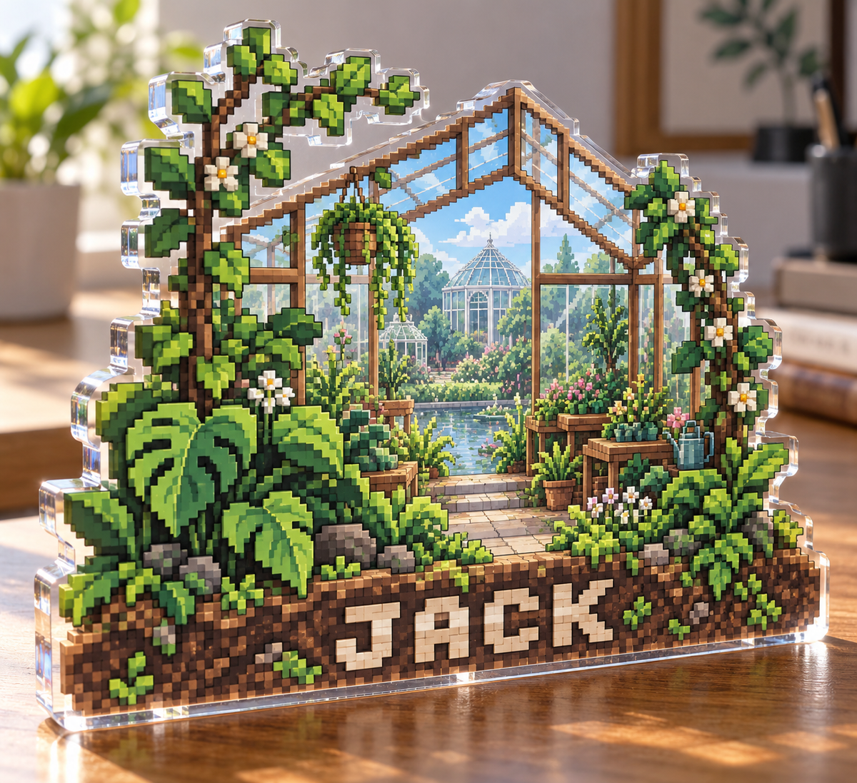 Artwork visualization: Pixel greenhouse — student study space, personalized JACK, subject-shaped acrylic with printed optical 3D depth; not carved relief.