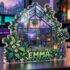 Artwork visualization: Pixel greenhouse — gaming room wall, personalized EMMA, subject-shaped acrylic with printed optical 3D depth; not carved relief.