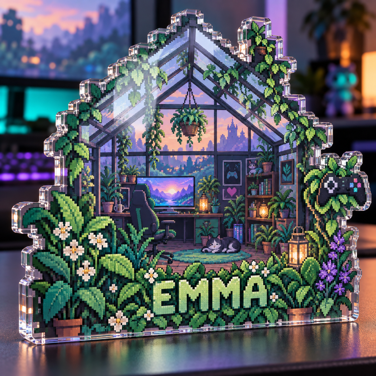 Artwork visualization: Pixel greenhouse — gaming room wall, personalized EMMA, subject-shaped acrylic with printed optical 3D depth; not carved relief.