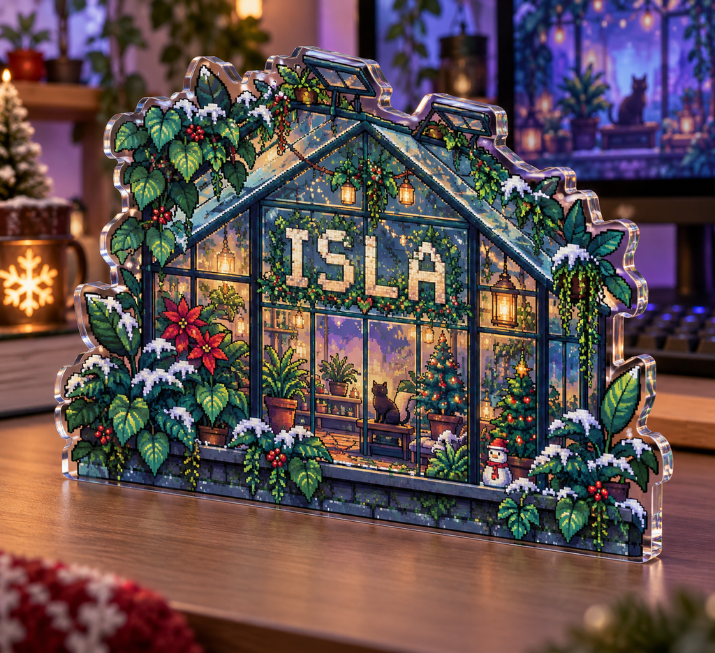 Artwork visualization: Pixel greenhouse — streaming backdrop, personalized ISLA, subject-shaped acrylic with printed optical 3D depth; not carved relief.