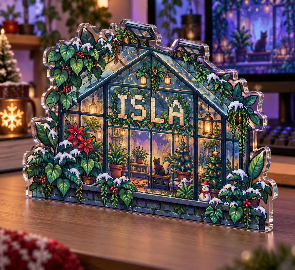 Artwork visualization: Pixel greenhouse — streaming backdrop, personalized ISLA, subject-shaped acrylic with printed optical 3D depth; not carved relief.