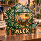Artwork visualization: Pixel greenhouse — creative studio gift, personalized ALEX, subject-shaped acrylic with printed optical 3D depth; not carved relief.