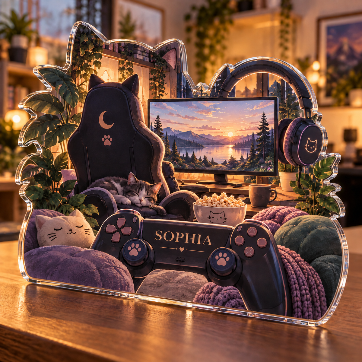 Artwork visualization: Cozy game room landscape — home office desk refresh, personalized SOPHIA, subject-shaped acrylic with printed optical 3D depth; not carved relief.