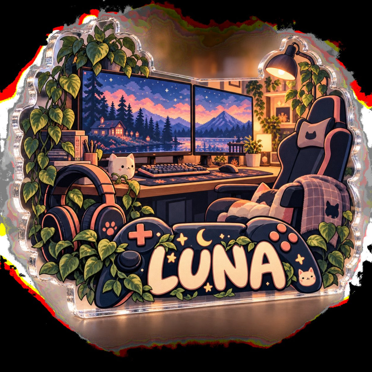 Personalized Cozy Game Room Landscape Workstation custom shape acrylic plaque with an example name set into the artwork, digital preview