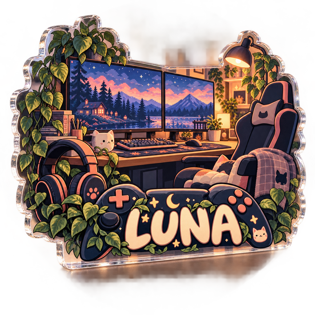 Artwork visualization: Cozy game room landscape — personalized workstation, personalized LUNA, subject-shaped acrylic with printed optical 3D depth; not carved relief.