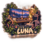 Artwork visualization: Cozy game room landscape — personalized workstation, personalized LUNA, subject-shaped acrylic with printed optical 3D depth; not carved relief.