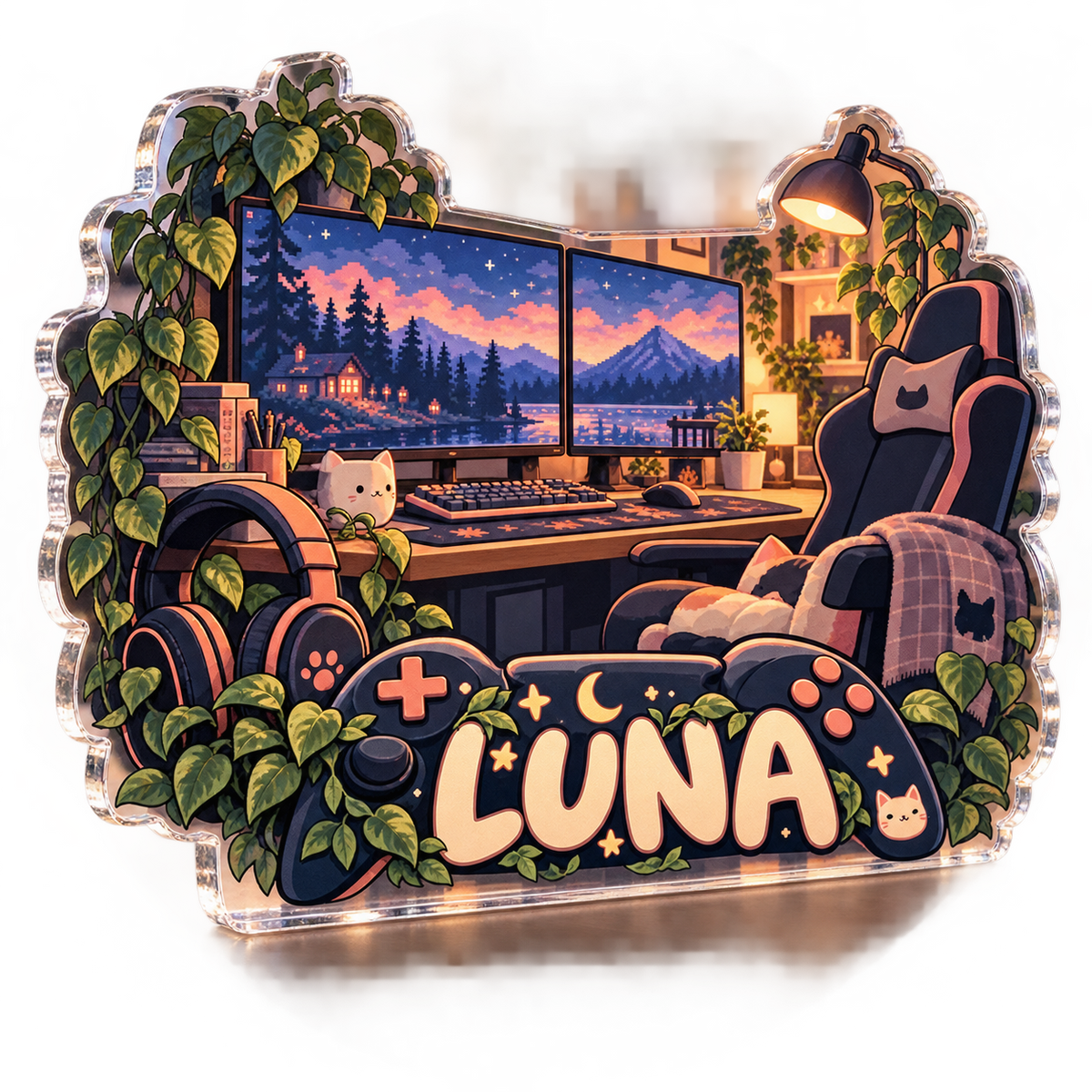 Artwork visualization: Cozy game room landscape — personalized workstation, personalized LUNA, subject-shaped acrylic with printed optical 3D depth; not carved relief.