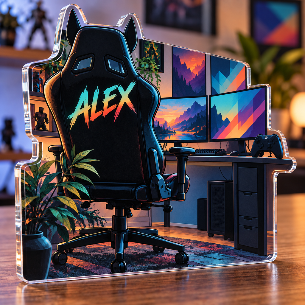 Artwork visualization: Cozy game room landscape — gaming room wall, personalized ALEX, subject-shaped acrylic with printed optical 3D depth; not carved relief.