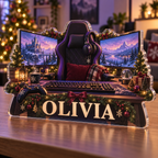Artwork visualization: Cozy game room landscape — streaming backdrop, personalized OLIVIA, subject-shaped acrylic with printed optical 3D depth; not carved relief.