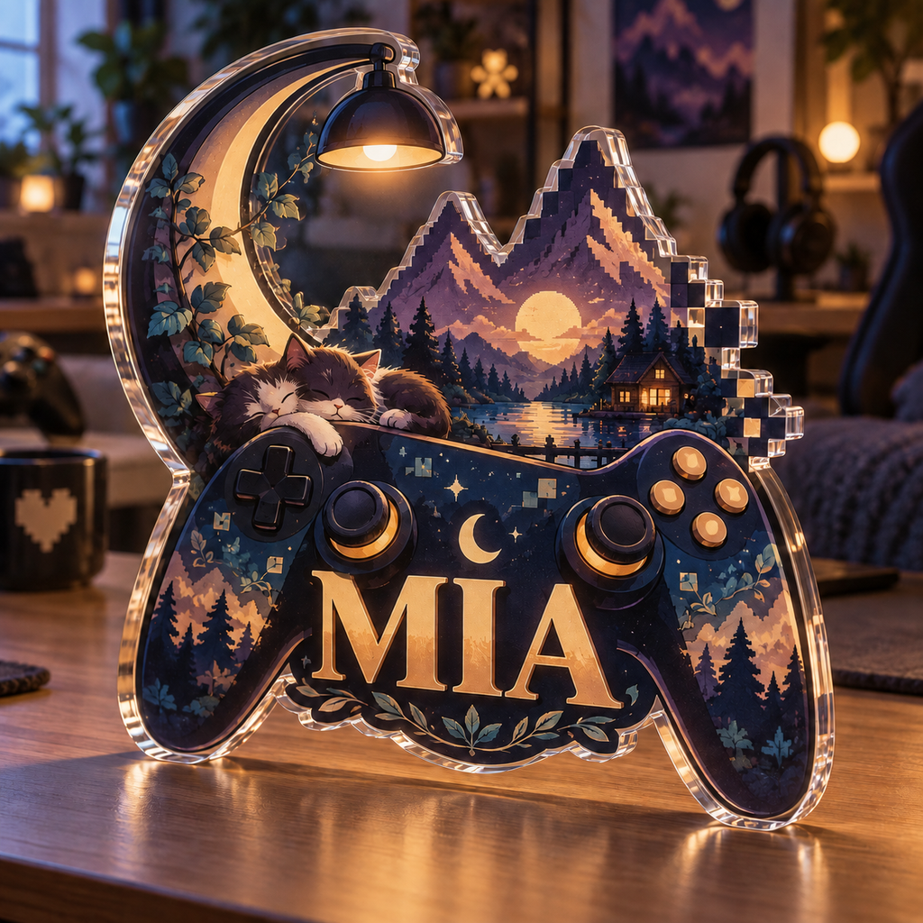 Artwork visualization: Cozy game room landscape — creative studio gift, personalized MIA, subject-shaped acrylic with printed optical 3D depth; not carved relief.