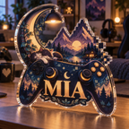 Artwork visualization: Cozy game room landscape — creative studio gift, personalized MIA, subject-shaped acrylic with printed optical 3D depth; not carved relief.