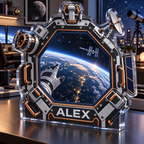 Artwork visualization: Space station window — home office desk refresh, personalized ALEX, subject-shaped acrylic with printed optical 3D depth; not carved relief.
