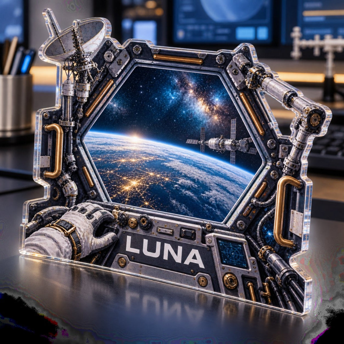 Personalized Space Station Window Workstation custom shape acrylic plaque with an example name set into the artwork, digital preview