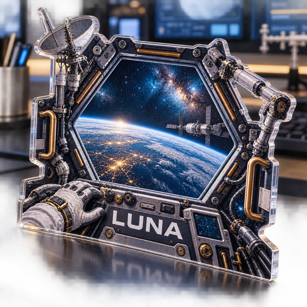 Artwork visualization: Space station window — personalized workstation, personalized LUNA, subject-shaped acrylic with printed optical 3D depth; not carved relief.
