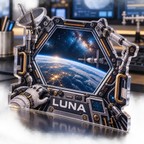 Artwork visualization: Space station window — personalized workstation, personalized LUNA, subject-shaped acrylic with printed optical 3D depth; not carved relief.