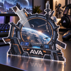 Artwork visualization: Space station window — gaming room wall, personalized AVA, subject-shaped acrylic with printed optical 3D depth; not carved relief.