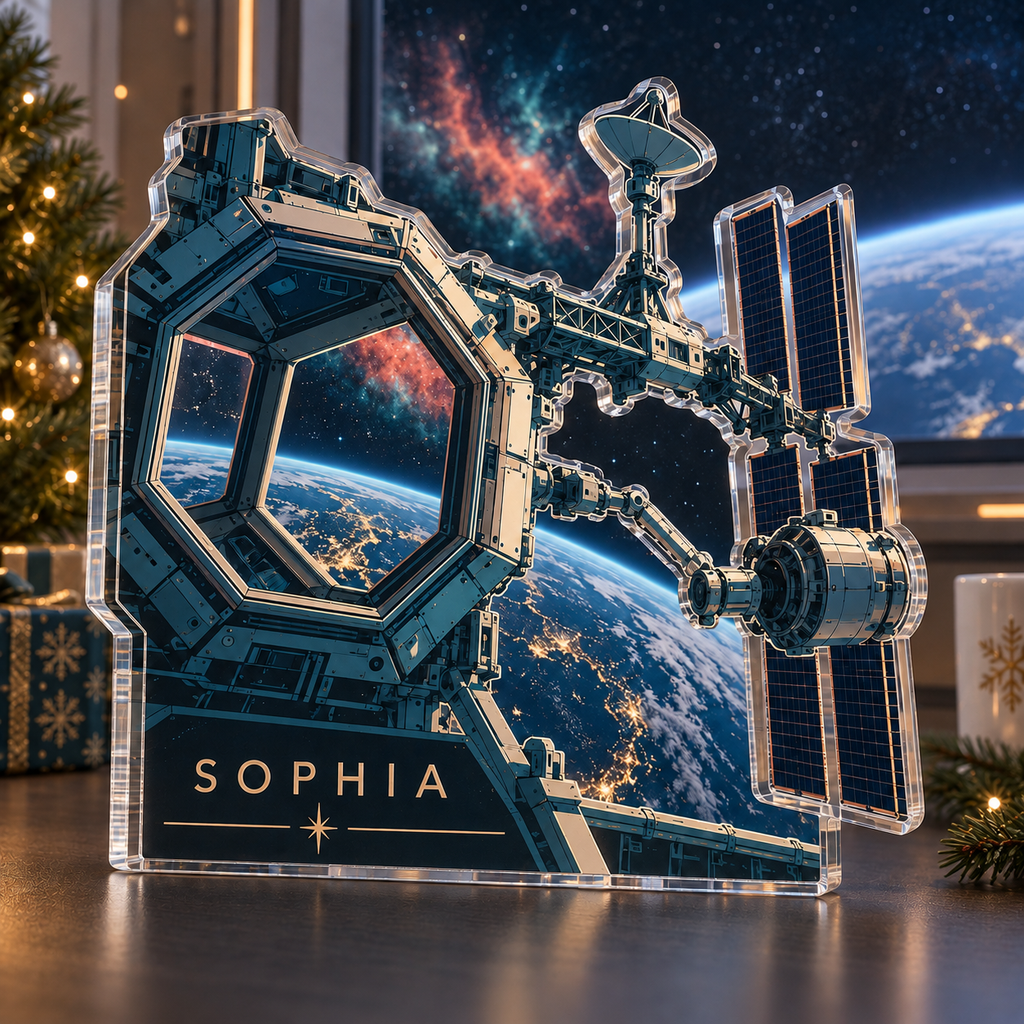 Artwork visualization: Space station window — streaming backdrop, personalized SOPHIA, subject-shaped acrylic with printed optical 3D depth; not carved relief.