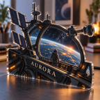 Artwork visualization: Space station window — creative studio gift, personalized AURORA, subject-shaped acrylic with printed optical 3D depth; not carved relief.