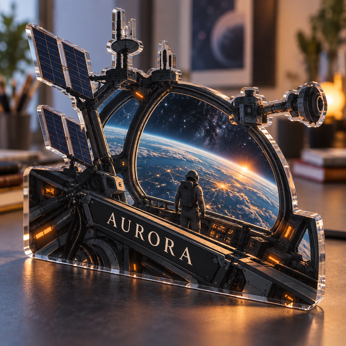Artwork visualization: Space station window — creative studio gift, personalized AURORA, subject-shaped acrylic with printed optical 3D depth; not carved relief.