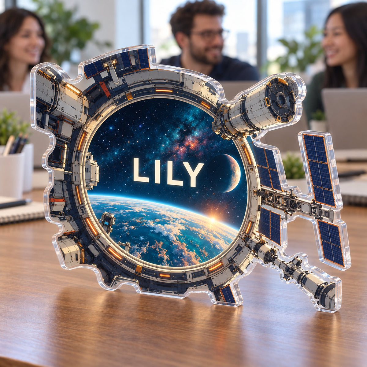 Personalized acrylic plaque with an example name set into the artwork, digital preview