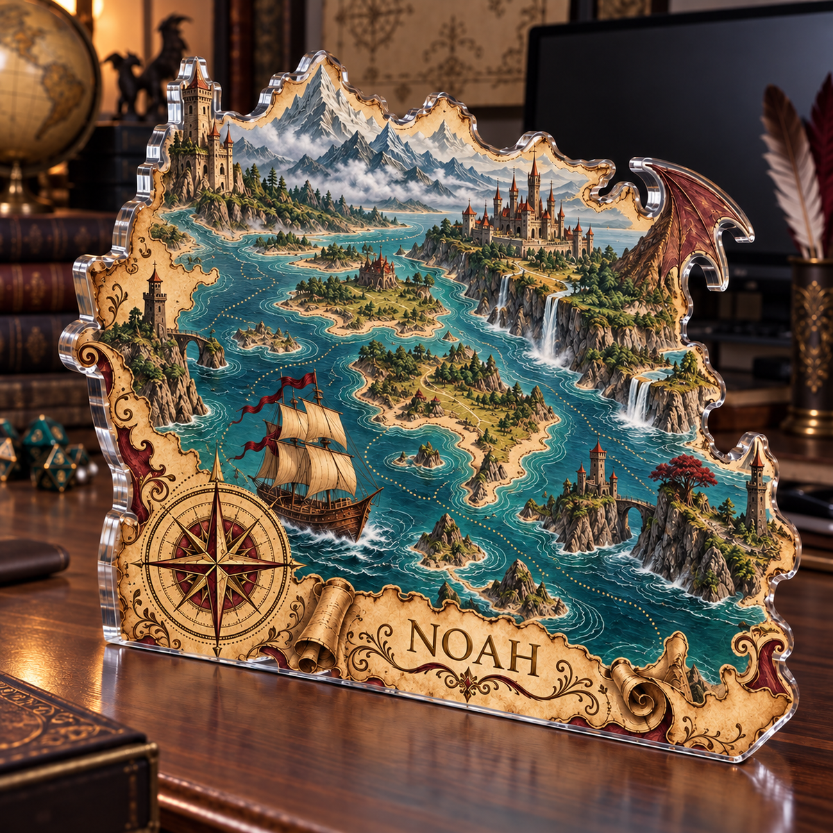 Artwork visualization: Original fantasy game map — home office desk refresh, personalized NOAH, subject-shaped acrylic with printed optical 3D depth; not carved relief.