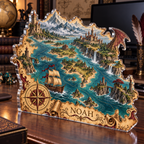 Artwork visualization: Original fantasy game map — home office desk refresh, personalized NOAH, subject-shaped acrylic with printed optical 3D depth; not carved relief.