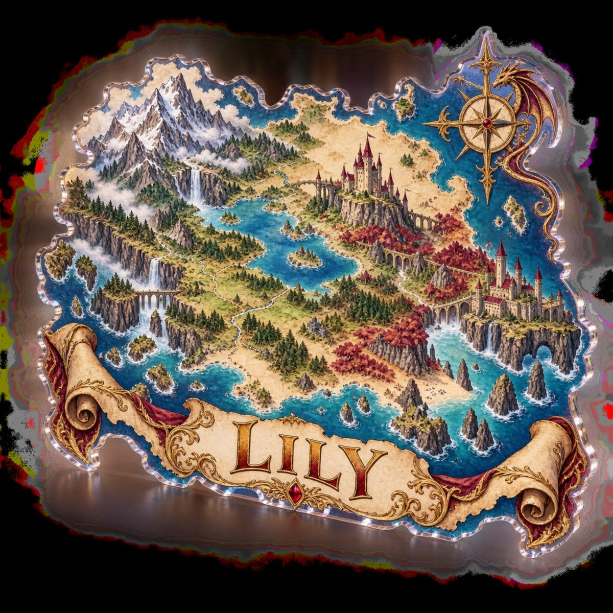 Personalized Original Fantasy Game Map Workstation custom shape acrylic plaque with an example name set into the artwork, digital preview