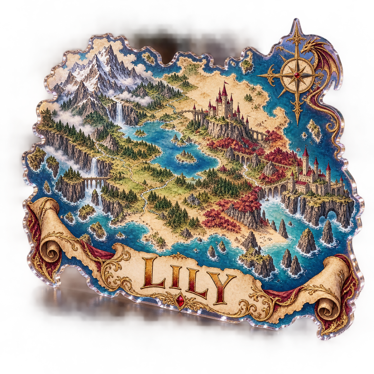 Artwork visualization: Original fantasy game map — personalized workstation, personalized LILY, subject-shaped acrylic with printed optical 3D depth; not carved relief.