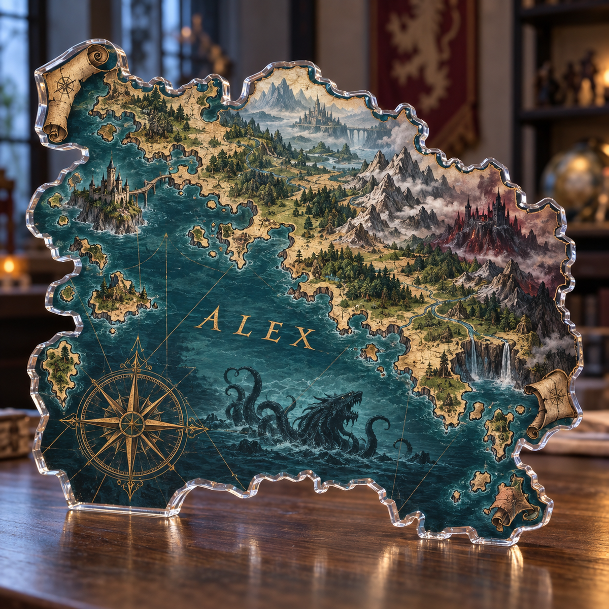 Artwork visualization: Original fantasy game map — gaming room wall, personalized ALEX, subject-shaped acrylic with printed optical 3D depth; not carved relief.