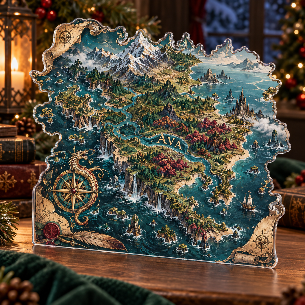 Artwork visualization: Original fantasy game map — streaming backdrop, personalized AVA, subject-shaped acrylic with printed optical 3D depth; not carved relief.