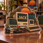 Artwork visualization: Retro computer collection — home office desk refresh, personalized JACK, subject-shaped acrylic with printed optical 3D depth; not carved relief.