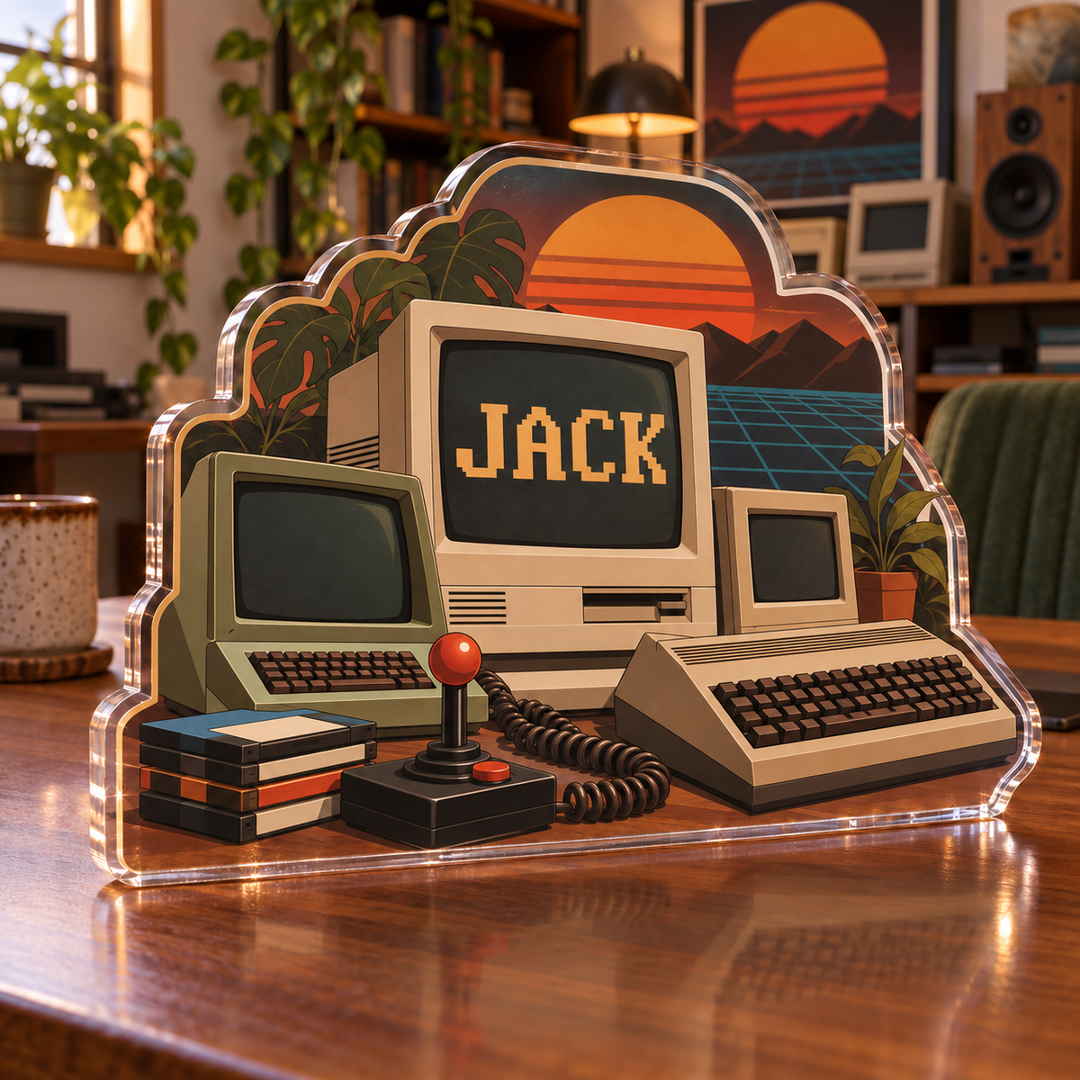Artwork visualization: Retro computer collection — home office desk refresh, personalized JACK, subject-shaped acrylic with printed optical 3D depth; not carved relief.