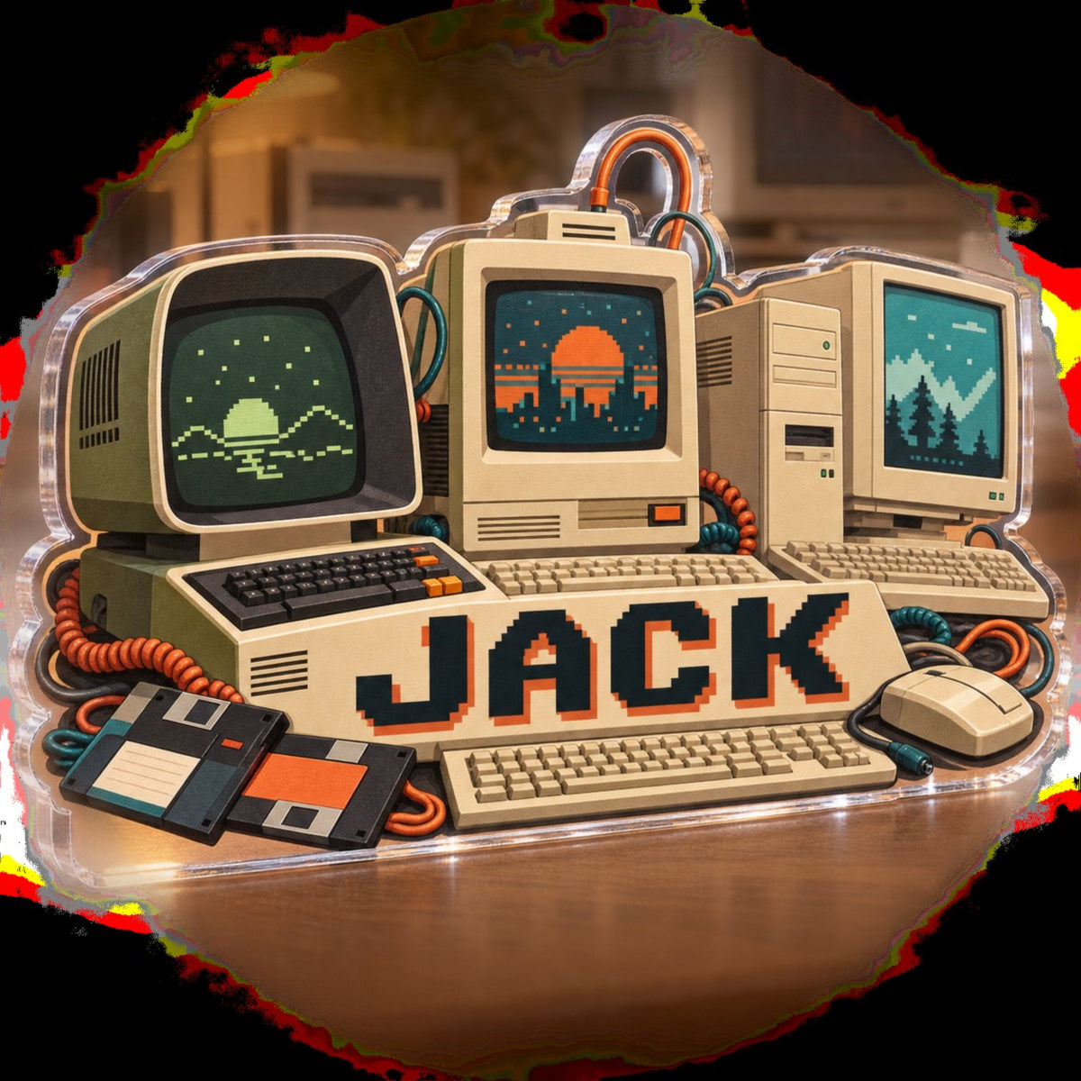 Personalized Retro Computer Collection Workstation custom shape acrylic plaque with an example name set into the artwork, digital preview