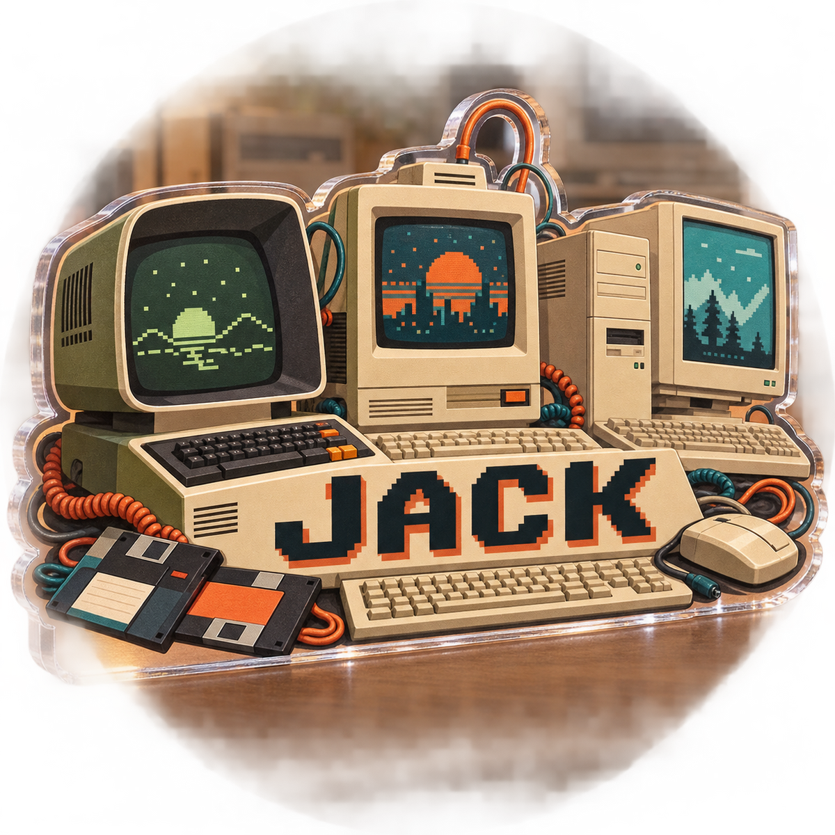 Artwork visualization: Retro computer collection — personalized workstation, personalized JACK, subject-shaped acrylic with printed optical 3D depth; not carved relief.