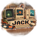 Artwork visualization: Retro computer collection — personalized workstation, personalized JACK, subject-shaped acrylic with printed optical 3D depth; not carved relief.