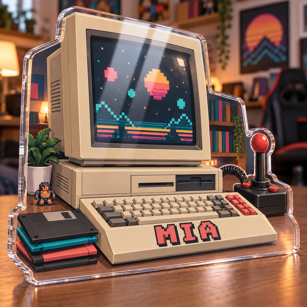 Artwork visualization: Retro computer collection — gaming room wall, personalized MIA, subject-shaped acrylic with printed optical 3D depth; not carved relief.
