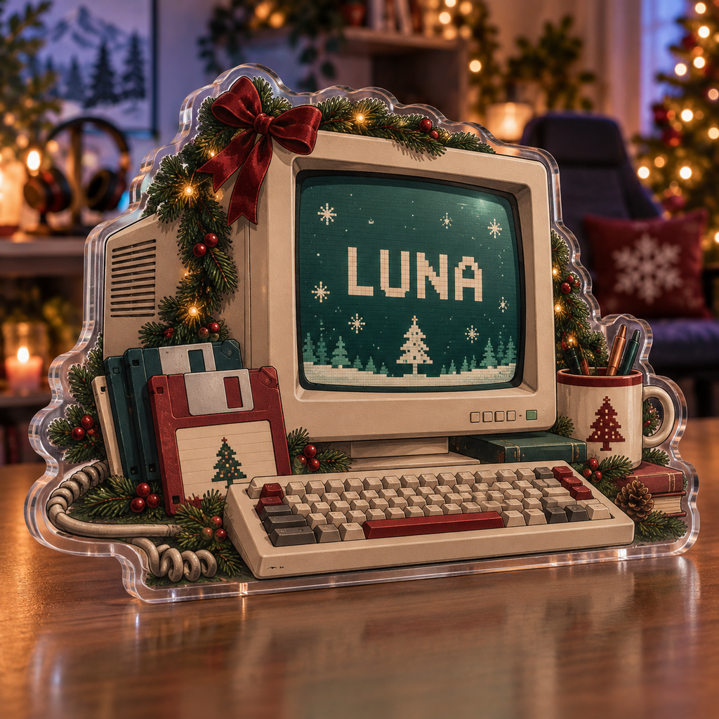 Artwork visualization: Retro computer collection — streaming backdrop, personalized LUNA, subject-shaped acrylic with printed optical 3D depth; not carved relief.