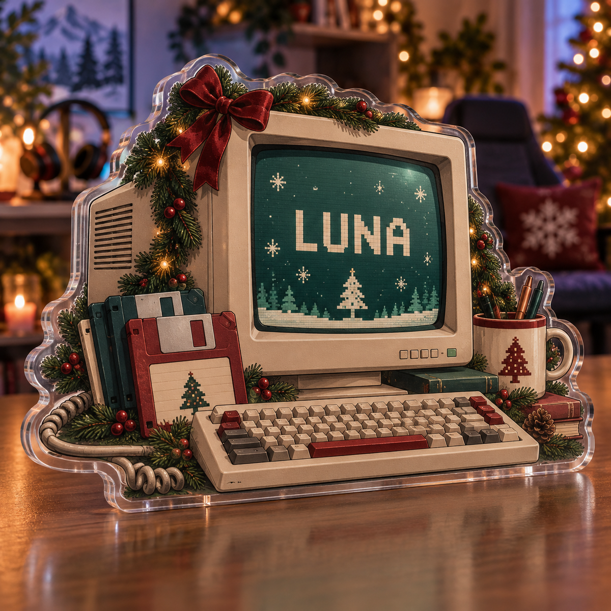 Artwork visualization: Retro computer collection — streaming backdrop, personalized LUNA, subject-shaped acrylic with printed optical 3D depth; not carved relief.