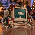 Artwork visualization: Retro computer collection — streaming backdrop, personalized LUNA, subject-shaped acrylic with printed optical 3D depth; not carved relief.