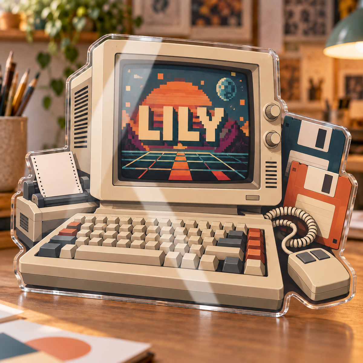 Artwork visualization: Retro computer collection — creative studio gift, personalized LILY, subject-shaped acrylic with printed optical 3D depth; not carved relief.