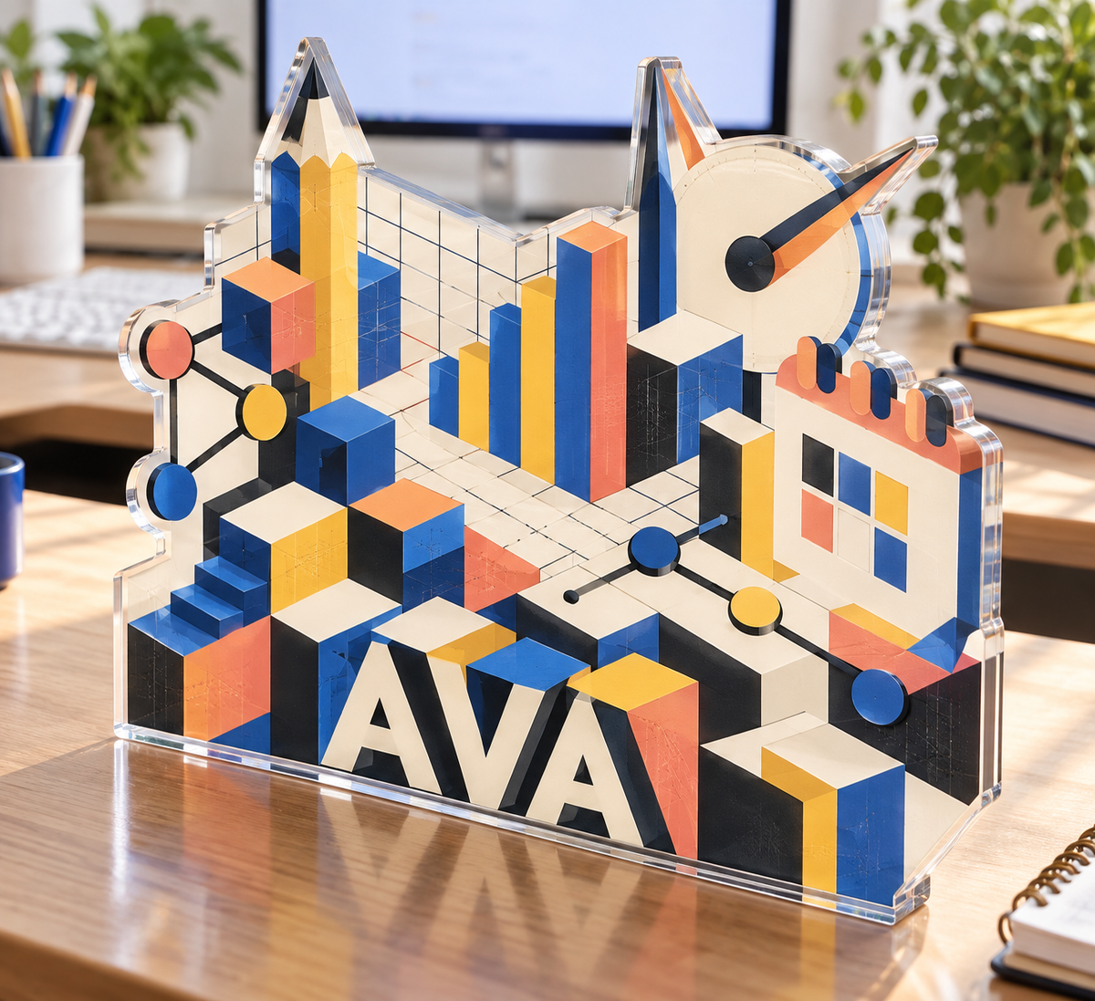Artwork visualization: Geometric productivity grid — home office desk refresh, personalized AVA, subject-shaped acrylic with printed optical 3D depth; not carved relief.