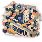 Artwork visualization: Geometric productivity grid — personalized workstation, personalized EMMA, subject-shaped acrylic with printed optical 3D depth; not carved relief.