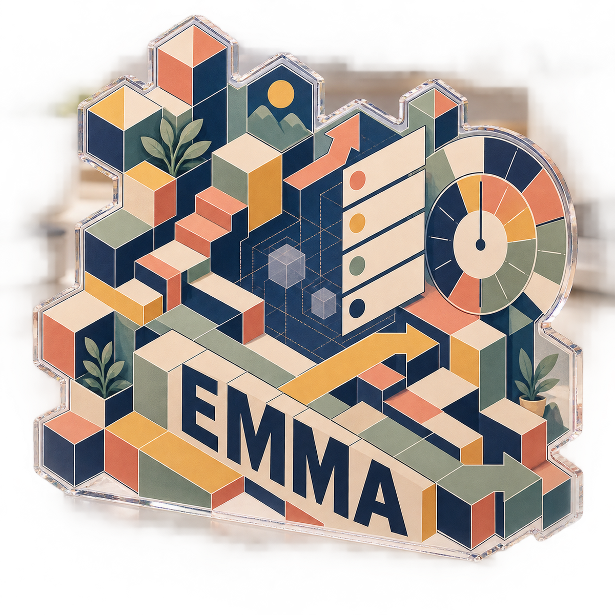 Artwork visualization: Geometric productivity grid — personalized workstation, personalized EMMA, subject-shaped acrylic with printed optical 3D depth; not carved relief.