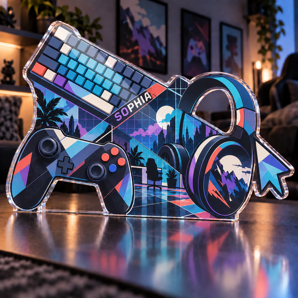 Artwork visualization: Geometric productivity grid — gaming room wall, personalized SOPHIA, subject-shaped acrylic with printed optical 3D depth; not carved relief.