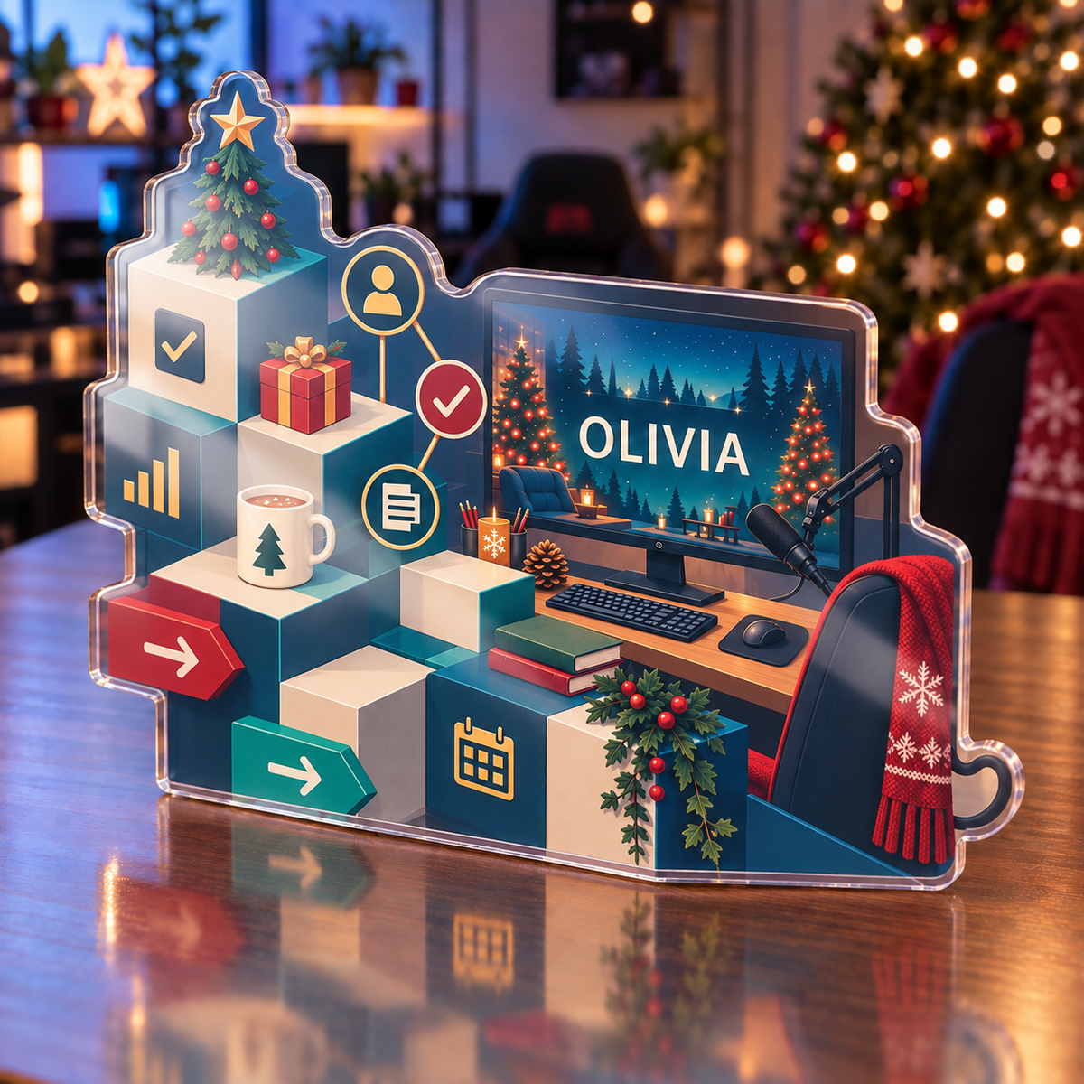 Artwork visualization: Geometric productivity grid — streaming backdrop, personalized OLIVIA, subject-shaped acrylic with printed optical 3D depth; not carved relief.