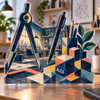 Artwork visualization: Geometric productivity grid — creative studio gift, personalized ALEX, subject-shaped acrylic with printed optical 3D depth; not carved relief.