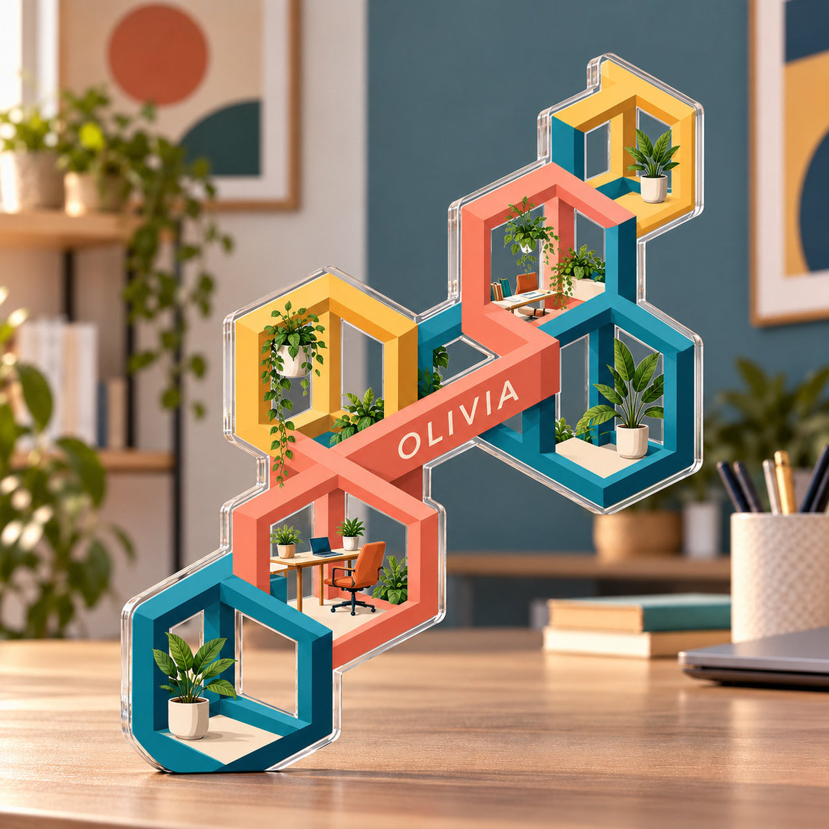 Personalized acrylic plaque with an example name set into the artwork, digital preview